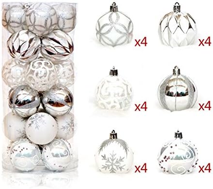 24 pcs Christmas Balls Shatterproof Brightly Painted Pendant for Xmas Tree Decoration Transparent Silver + White
