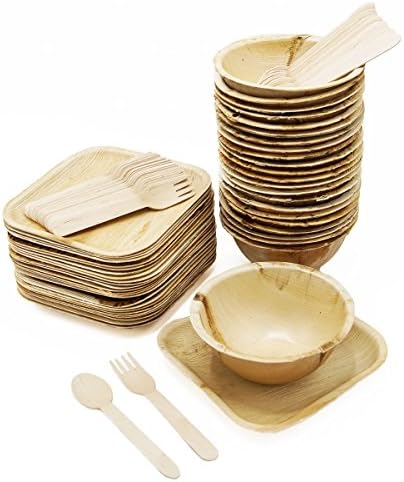 Elegant Dinnerware Disposable Set of 100: Palm Leaf Plates - Round 16 oz Bowls (25), Square 7” (25); Wood Forks (25), Spoons (25) - Eco friendly, Compostable