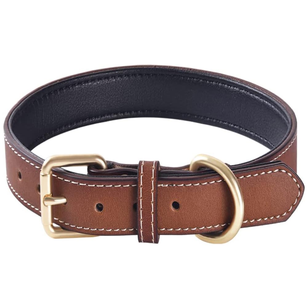 Genuine Leather Padded Dog Collar Comfortable Strong Soft Collars Best for Small Medium and Large Breed Dogs （Brown）(M)