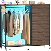 Cyclysio Dresser with Hanging Rack, 5 Fabric Drawers Dresser with Clothes Rack, Wooden Top Storage Chest of Drawers with Charging Station & LED Lights, Lockable Wheels, Closet