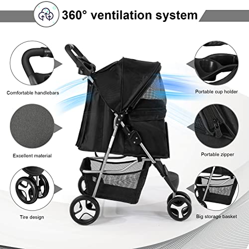 Wedyvko Pet Stroller, 3 Wheel Foldable Cat Dog Stroller with Storage Basket and Cup Holder for