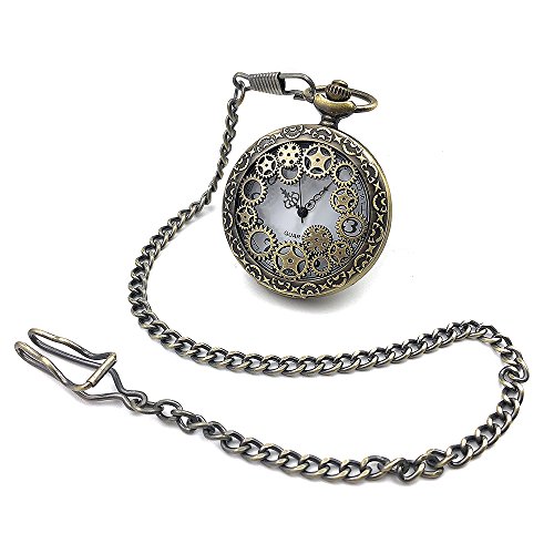 Antique Bronze Tone Steampunk Vintage Hollow Bronze Gear Hollow Case Quartz Movement Pocket Watch w/Chain Half Hunter Watch