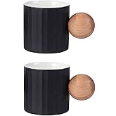 Fire Kirin Ceramic Espresso Cups Set of 2, 2 oz Mini Espresso Cups, Round Wooden Handle Stripes Demitasse Cups for Tea or Coffee (2, Black)
