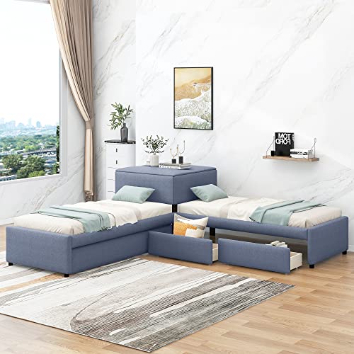 Photo 1 of DEYOBED Twin Size L Shaped Upholstered Platform Bed with Trundle and 2 Storage Drawers Linked with Built-in Desk, Ideal Solid Wood Bed Frame for Kids Boys Girls, No Box Spring Needed, Gray