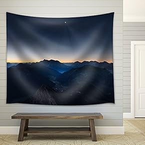 Sunrise in Mountains of Austrian Alps with Moonlight and Reflecting Lake - Fabric Wall Tapestry Home Decor - 51x60 inches