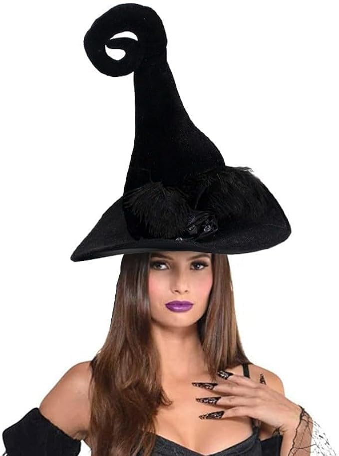 JIAHG Halloween Black Velvet Witch Hat with Feather Rose Pointed Hat Gothic Cosplay Witch Hat Magic Hat Wide Brim Fancy Dress Party Hat Costume Accessory for Women Girls