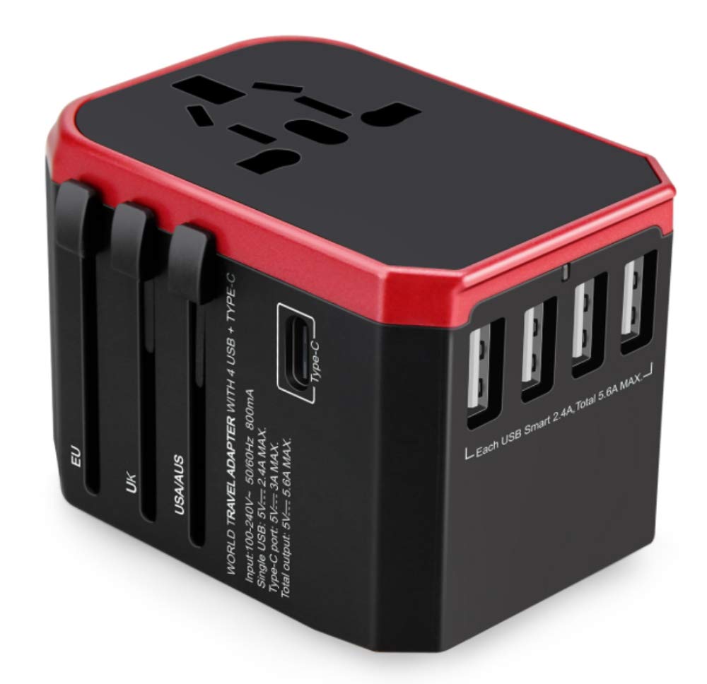 Universal Travel Adapter All In One with 4 Ultra-Fast USB Port and 1 Ultra-Fast USB Type C Port and Power Socket International Plugs UK EU US AU
