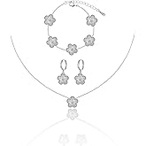 Qinpan Gold Plated Five Leaf Clover Dot Necklace Bracelet and Dangle Earrings Set for Women Lucky Flower Jewelry