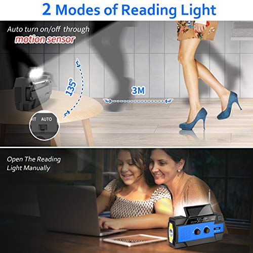 Emergency Weather Flashlight Radio, Newest Crank Solar NOAA Radio with AM FM,Best Reception,4000mAh Power Bank,Super Bright Flashlight,Motion Sensor Reading Lamp,SOS Alarm for Hurricane,Outdoor