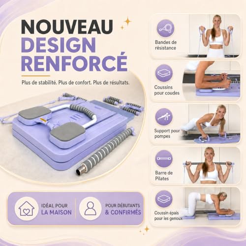 Yosana Pilates Board I Reformer for Home I Fitness Board 8 in 1 Foldable and Portable I Abdominal Trainer with Knee Cushion, Resistance Bands and Pilates Bar I Design