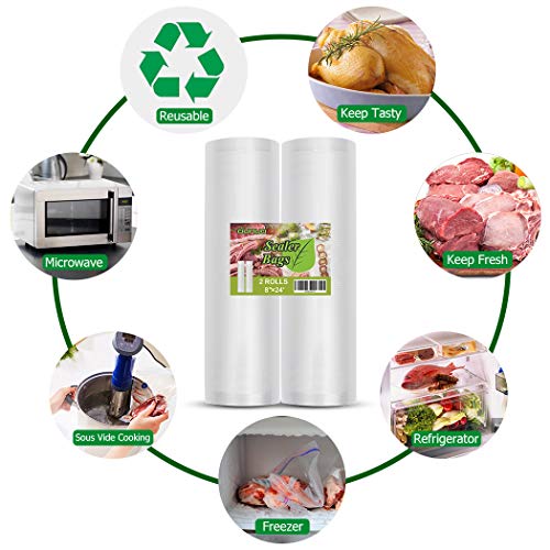Vacuum Sealer Bags 2-Rolls 8"x24' Food Saver Embossed Commercial Grade Bag Rolls for Sous Vide Cooking with FDA Approval OUNUO