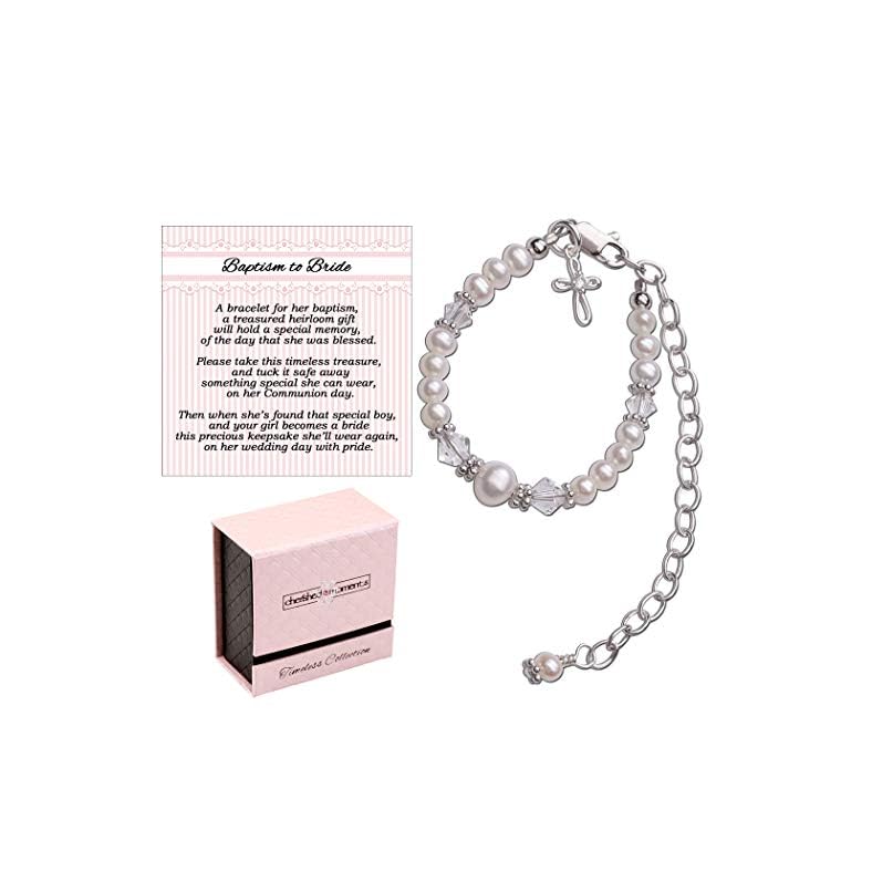 Baptism to Bride Cross Bracelet for Girls in Sterling Silver and Cultured Pearl