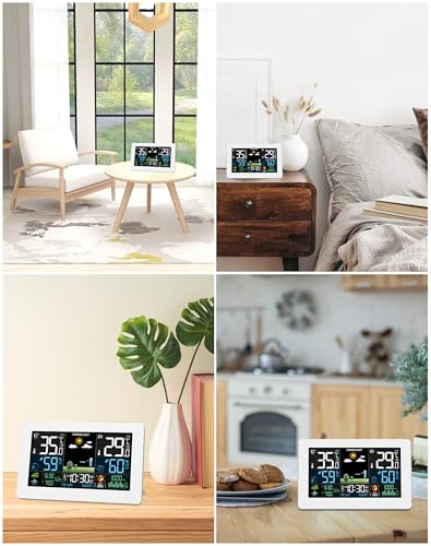 Indoor and Outdoor Weather Station with Color Display, Weather Forecast, Temperature, Humidity, LCD Alarm Clock with Repeat Function and Air Pressure