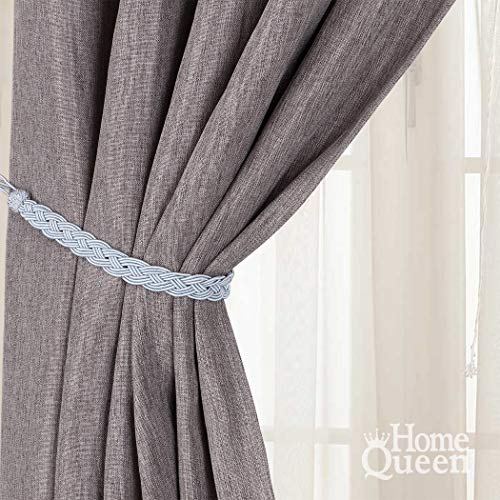 Home Queen Hand Braided Curtain Tie Back, Buckle Holdback Drapery Curtain Tiebacks, 2 Rope Belt Curtain Tie with 2 Metal Hooks, Grey
