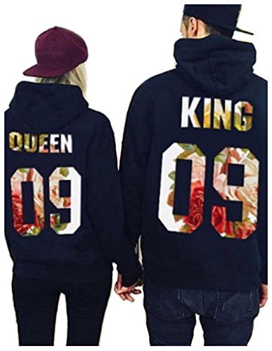 Couple Matching O-Neck Long Sleeve King and Queen Letter Printed Pullover Hooded Sweatshirt (L, Queen)