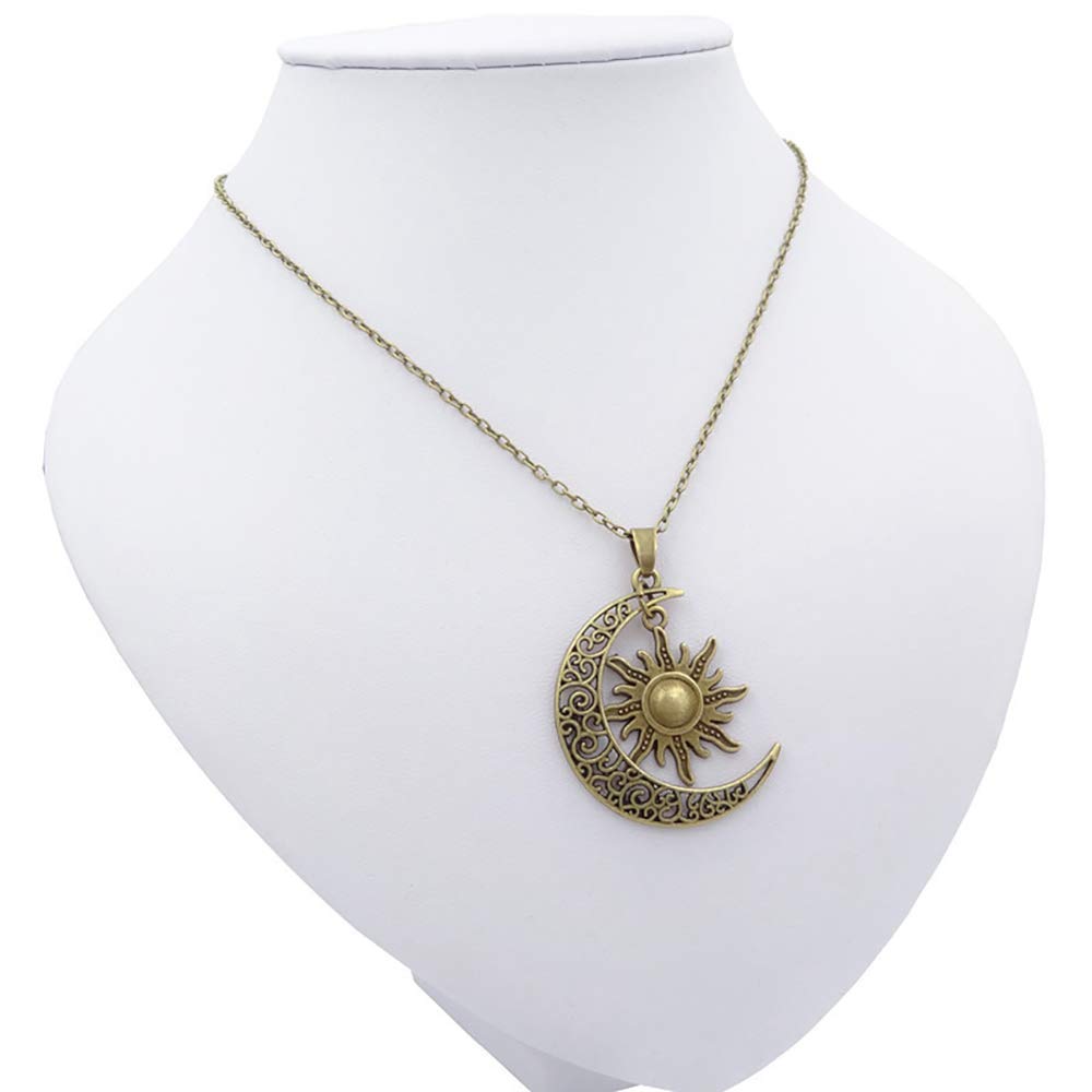 QIAN0813 Vintage Bronze Crescent Moon and Sun Pendant Necklace Retro Swirl Filigree Unisex Jewelry Gifts