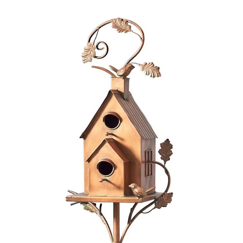Metal Bird House Feeder With Pole, Art Cottage Stakes, Hummingbird House, Distressed Birdhouse Garden Decor for Courtyard Backyard