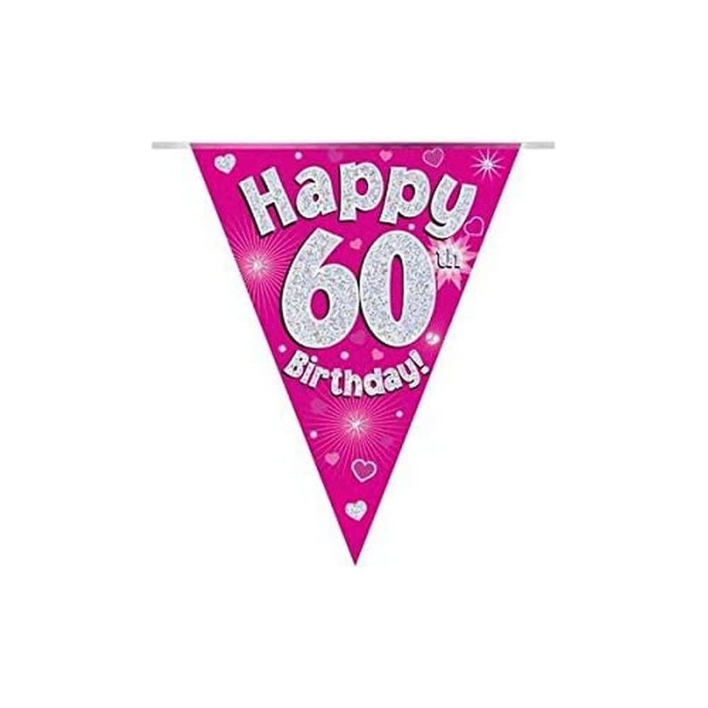 Party Bunting Happy 60th Birthday Pink Holographic 11 flags 3.9m