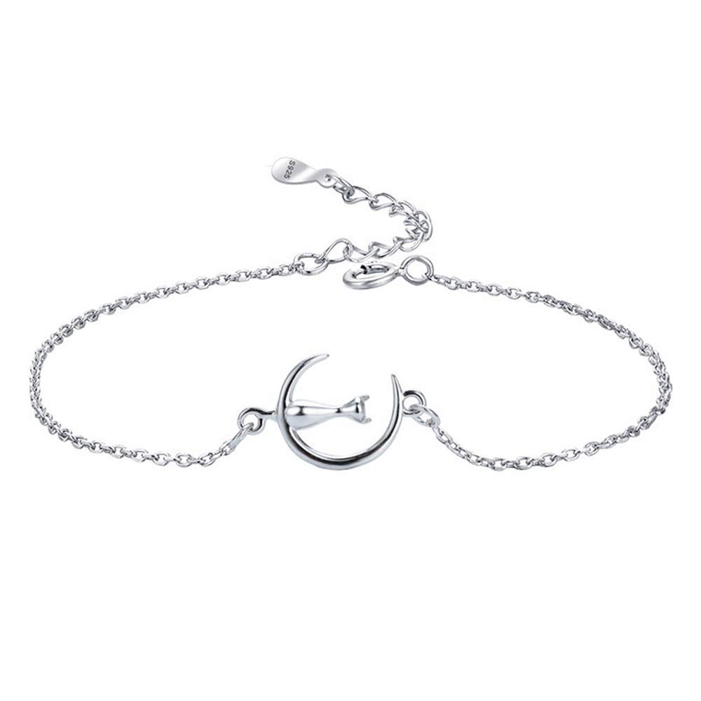 Belons Girls Cat Bracelet 925 Sterling Silver Cat in Moon Charm Bracelet for Women Kids, Adjustable Chain