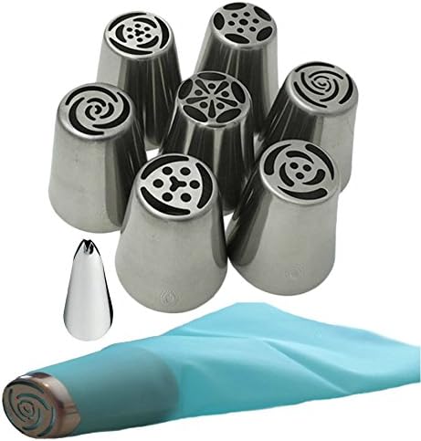 Acacia Place Russian Piping Tips Large Flower Cake/Cupcake Stainless Steel Decorating Icing Nozzles with Reusable Silicone Pastry Bag 8pc Set Plus Bonus Leaf Tip