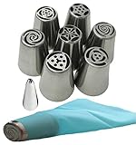 Acacia Place Russian Piping Tips Large Flower Cake/Cupcake Stainless Steel Decorating Icing Nozzles with Reusable Silicone Pastry Bag 8pc Set Plus Bonus Leaf Tip