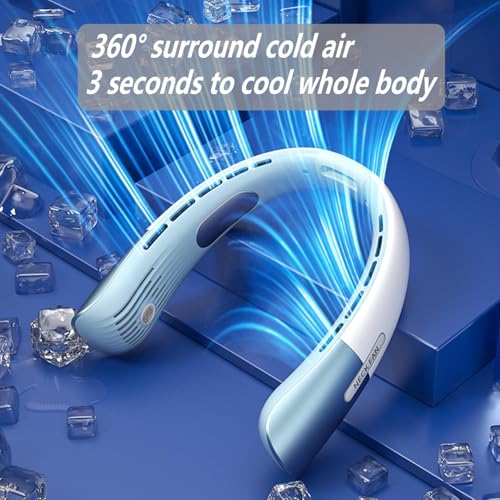 Portable Neck Fan 2X Cooling Pads, 1S Instant Cooling and 5 Speed Wind Adjustment Neck Cooler,Bladeless Fan Neck Air Conditioner, 4000mAh Rechargeable Portable Neck Fan to Outdoor Travel Sports Blue