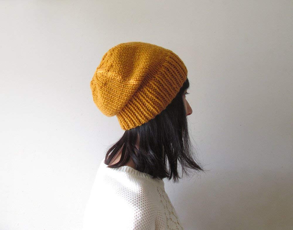 Mustard Yellow Slouchy Hat, Hand Knit Chunky Slouch Hat, Women Knit Hat, Wool Blend