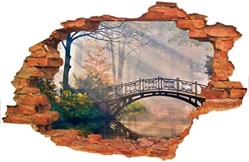 3D Fake Windows Wall Stickers Forest Bridge Lavender Desert Broken Wall Windows Landscape Pattern Decal Removable Vinyl Home Kids Nursery Room Decor Art Mural Wallpaper (2#Bridge water)