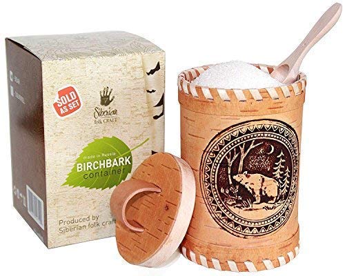 Birch Bark Canister with a Wooden Spoon and Lid for Vintage, Rustic or Farmhouse Look | Kitchen Storage Container for Serving Tea, Sugar, Salt, Herbs and More. 100% Eco-friendly