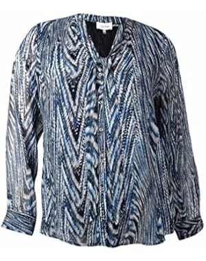 Calvin Klein Women's Printed Detachable Scarf Blouse (XL, Blue)