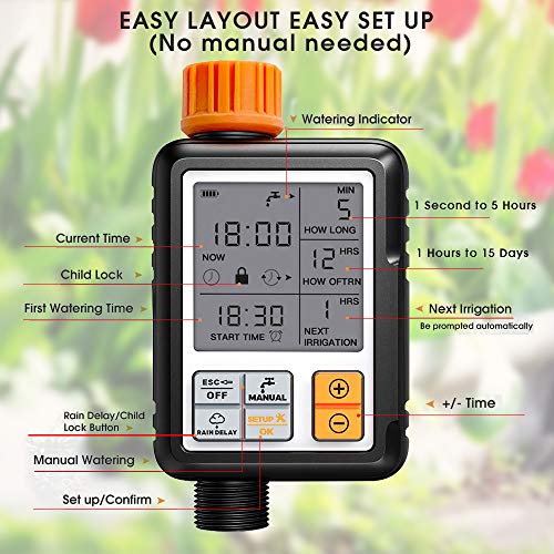 Programmable Water Timer,3" Large Screen/IP65 Waterproof/Child Lock Mode/Auto&Manual Mode/Rain Delay/Upgrade Material,Hose Timer Sprinkler Timer Faucet Digital Watering Timer for Garden Lawn