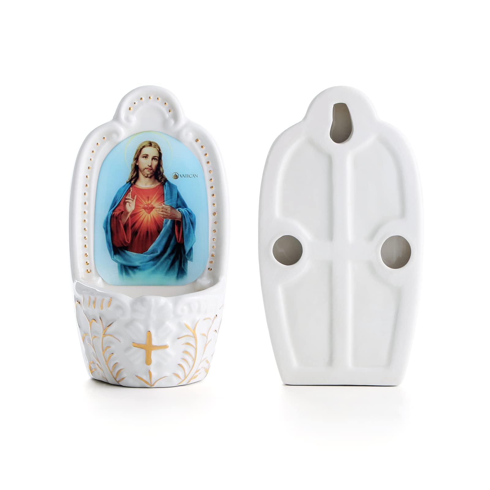 KOMI Porcelain Catholic Holy Water Font Sacred Heart of Jesus Holy Water Fonts for Entrance of Home Church Wall Hanging Decor Great Gift for First Communion Confirmation Housewarming