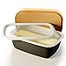 Butter Dish with Lid (Charcoal) | Covered Enamel Keeper with Beech Wood Top & Plastic Lid for Airtight Storage of Cheese | Tray Holds Half Pound of Stick Butter | Durable Food Storage Container