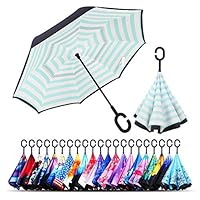 Monstleo Inverted Umbrella,Double Layer Reverse Umbrella for Car and Outdoor Use by, Windproof UV Protection Big Straight Umbrella with C-Shaped Handle and Carrying Bag (Stripe)