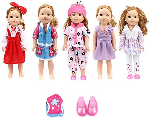 RainbowGirl 5pcs Doll Clothes and Shoes Bag Set for 14 inch 14.5 inch American Girl Doll Wellie Wishers Doll