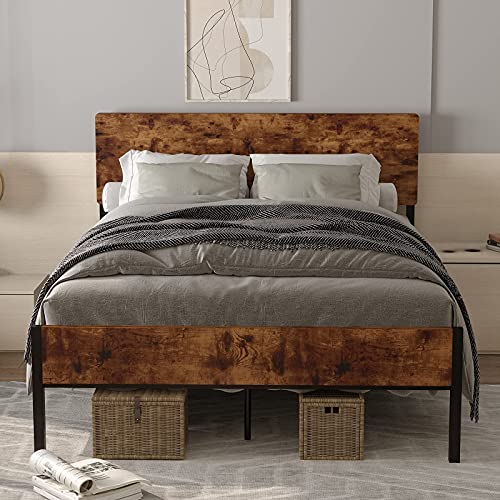 Full Bed Frame with Headboard, Rustic Bed Frame Full Size, Wooden Bed ...