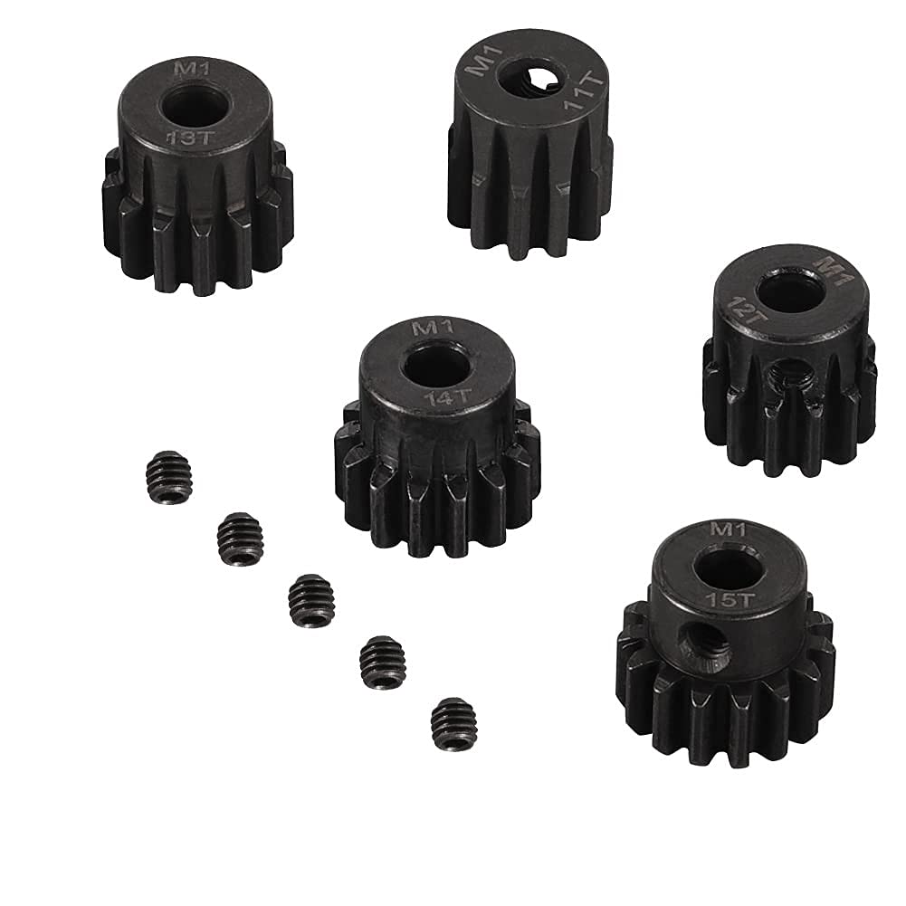 YUNIQUE GREEN-CLEAN-POWER - Set of 5 Pinions 11T-12T-13T-14T-15T M1 | For Brushless RC 1:8 Monster/Buggy/Truck Motors | In Durable Metal, For Modeling, Black