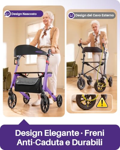 Kekoy Deambulatore per Anziani 4 Ruote con Seduta, Pieghevole, 181 kg Portata, Sedile 44 cm Largo, Ruote 25 cm Per Tutti I Terreni, Altezza Regolabile, Freni con Cavi Nascosti, Portaoggetti, Viola