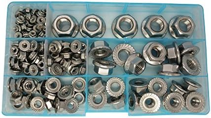 Guard4U 140Pcs M3 M4 M5 M6 M8 M10 M12 Flange Nuts Assortment Kit, 7-Size Metric 304-Stainless Steel Flange Hex Lock Nuts