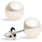 Women Pearl Stud Earrings. Fresh Water Cultured Pearls Button Shape Secret & You | 925 Sterling Silver Mounts | Available in 10 sizes from 4 mm to 13 mm