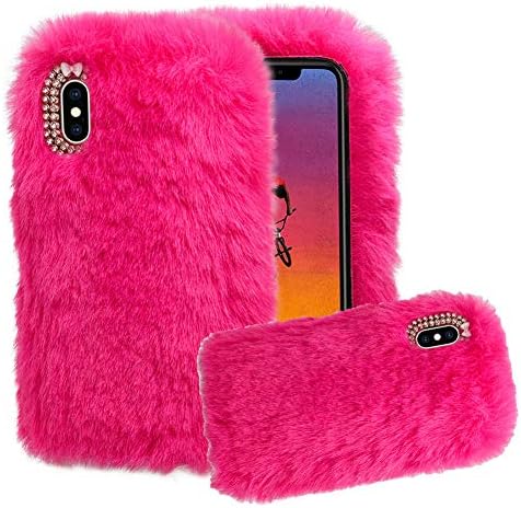 Aearl for Huawei Mate 20 Pro Case,Huawei Mate 20 Pro Rabbit Fur Case,Luxury Cute 3D Homemade Diamond Winter Warm Soft Furry Fluffy Fuzzy Bunny Ear Plush Phone Case Cover for Girls Women-Rose Red