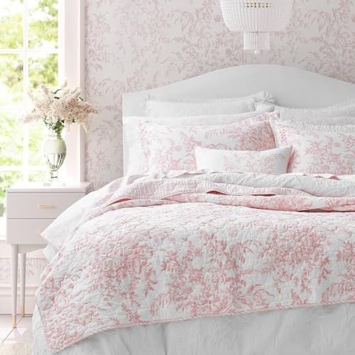 Laura Ashley Reversible Cotton Bedding with Matching Shams, Lightweight Home Decor for All Seasons, Bedford Pink, Queen