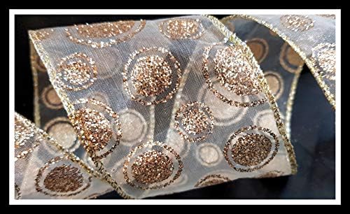 Ribbon Queen Wired Wire Edge Christmas Ribbon 2.5" wide Lots of Designs and Colours UK Stockist (5m, Ivory Organza with Gold Glitter Halo Dots)