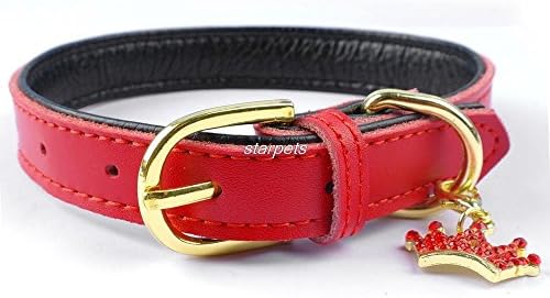 Wylux(TM) Padded Leather Puppy Dog Pet Cat Collars With Colorful Bling Crown Pendant [ Red - S ]