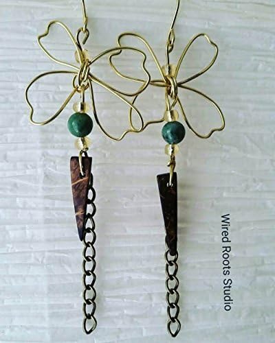 Wired Roots Studio artisan Butterfly "Chains and Wedges" dangle earrings, butterfly earrings, bronze earrings, Jasper and coconut shell butterfly earrings, gifts for her