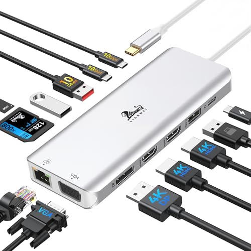 USB C Docking Station 3 Monitore 13 in 1 USB-C Hub mit 2 HDMI 4K@60Hz, 8K@30Hz DisplayPort, VGA, 3 USB 3.1 10 Gbps, PD 100W, Gigabit Ethernet, Multi-M