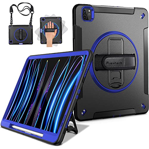 Miesherk Case for iPad Pro 11 2022/2021: Military Rugged Protective Shockproof Cover for iPad Pro 11 Inch 4th/3rd Generation with Apple Pencil Holder - Rotating Stand - Hand & Shoulder Strap - Blue