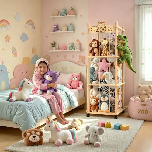 Stuffed Animal Storage, Wooden Large Stuffed Animal Holder Organizer with Wheels, Extra Large Capacity Plush Toy Cage, Stuffed Animal Holder, Gift for Nursery Playroom Kidroom Bedroom