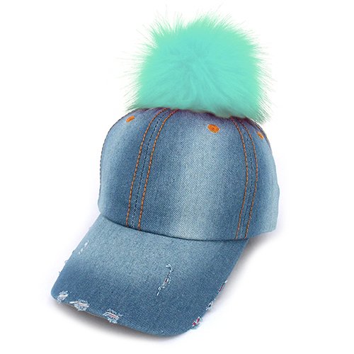 Faux Fur Pom Pom Vintage Denim-Feel Adjustable Baseball Cap Hat - Mint