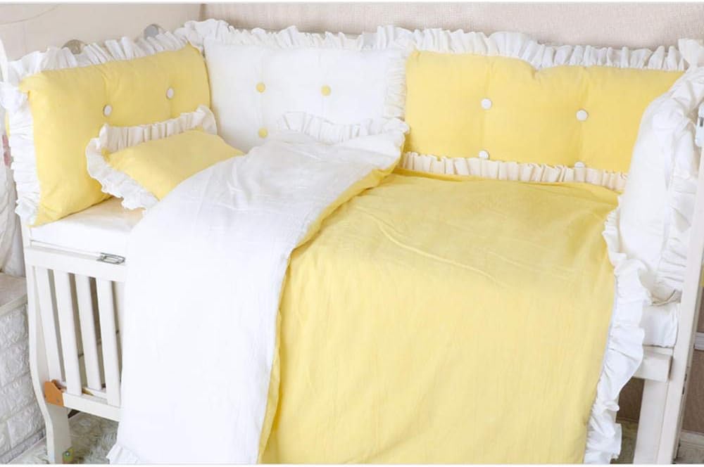 Thicken Cotton Lace Crib Bumper Pads Baby Bedding Set Boys Girls, Universal Bed Fence Padding Rail Guard Cover, Cot Sleep Bumper Pillow Anti-Collision Cushion, Detachable-50x30cm One Piece_Yellow